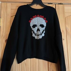 Black Skull Crewneck Sweater with Red Rose Accent - Grateful Dead - Bertha